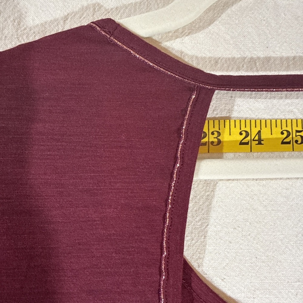 Nike Yoga Dri-Fit Open Back SS Burgundy W/Shimmer Piping Feminine Relaxed Top - Picture 9 of 11